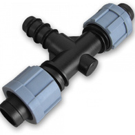 Łącznik trójnik z wpięciem na wąż zasilający 20 mm i dwoma wyjściami na taśmę 16 mm